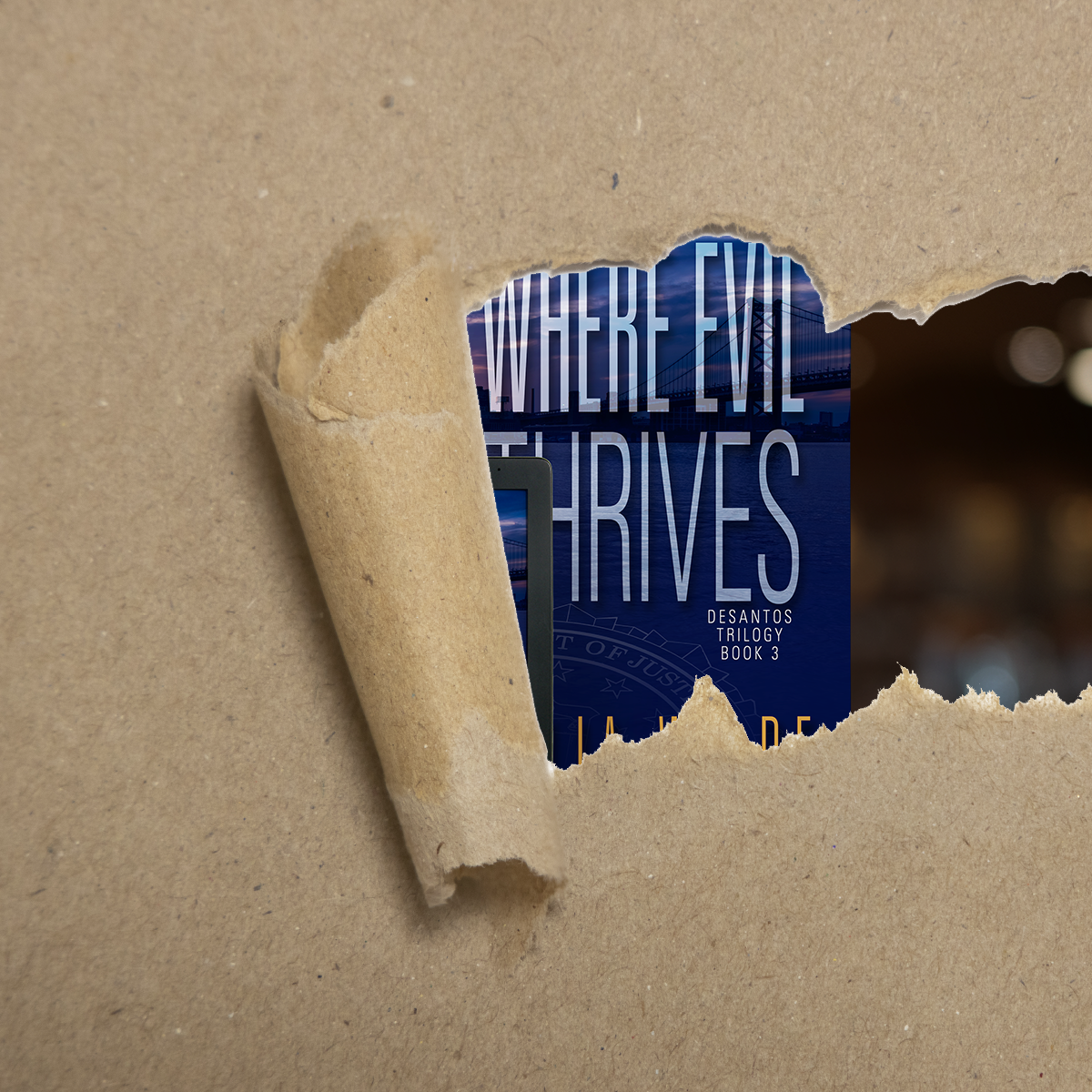 Torn brown paper reveals a portion of the new cover for "Where Evil Thrives" coming in October